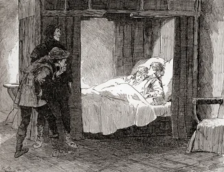 En scen ur William Shakespeares pjäs King Richard III, akt IV, scen 3, Tyrrell: Så, sa Dighton, lägg dina milda barn - Så, så, sa Forrest, omgärda varandra i sina alabasterskarvar.